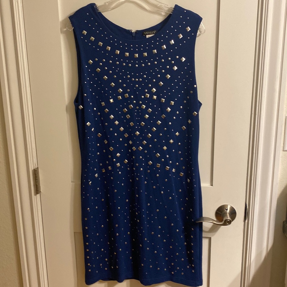 Blue sleeveless dress w/silver studs